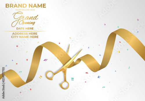 Elegant Grand Opening Invitation with Gold Ribbon Cutting and colorful confetti