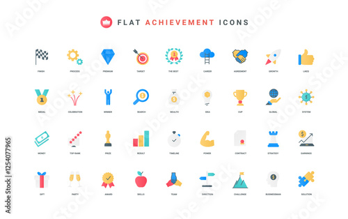 Business achievement success, progress in challenge and growth strategy, money and earnings of employee color icon set. Ability and solution, skills to achieve goal flat elements vector illustration