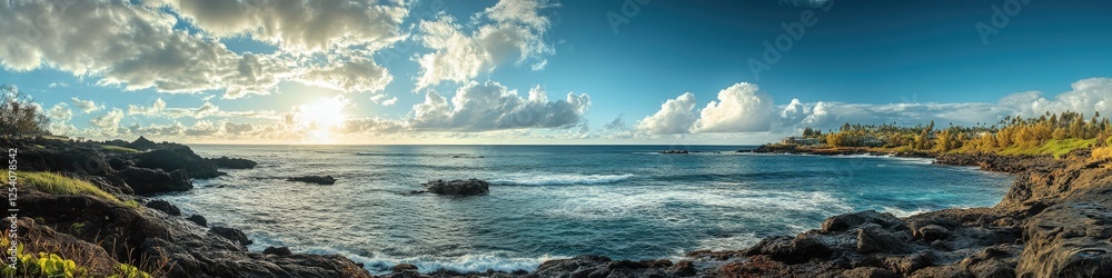 Fototapeta premium Breathtaking Kauai Vista: A Panoramic View of Hawaii's Stunning Ocean and Skyline