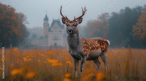 Majestic deer in field with castle in background photo