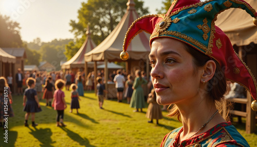 Woman wearing ornate jester hat at bustling Renaissance fairground with children playing, April Fool's Day
