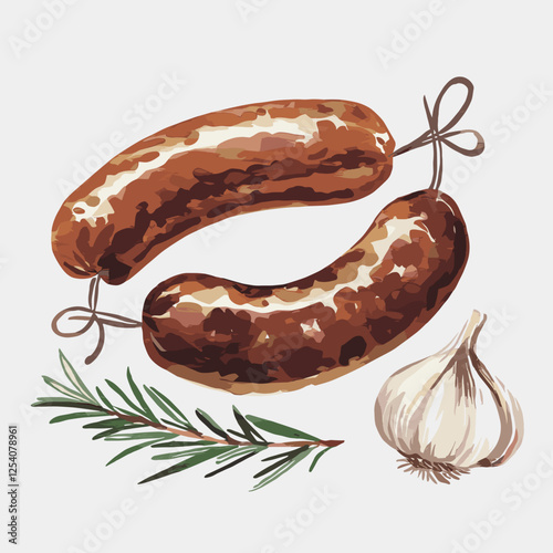 Watercolor Smoked Sausage with Rosemary and Garlic