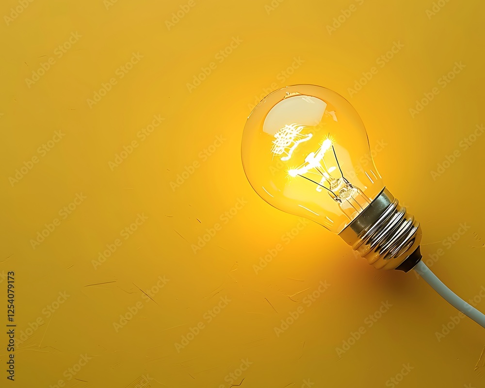 Illuminated light bulb connected to a cable on a bright yellow surface, seen from above in a modern banner layout. Conveys the idea of creative Illuminated light bulb connected to a cable on a bright yellow surface, seen from above in a modern banner layout. Conveys the idea of creative