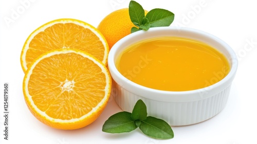 Zesty Orange Delight: Sweet and Sour Sauce in a Bowl Against a Clean White Canvas