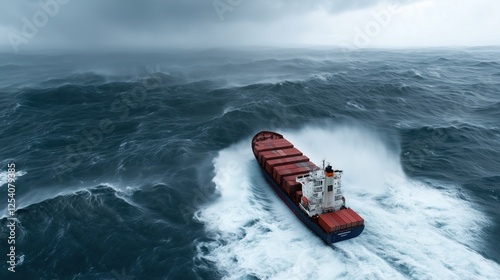 A large ship is sailing through rough waters. The waves are high and the ship is being tossed around. The scene is intense and dramatic, with the ship's movement creating a sense of danger