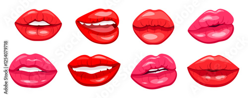 Set of plump female lips in cartoon style. Vector illustration of sexy, seductive red, pink, coral female lips of different shapes with white teeth isolated on white background. Emotional expressions.