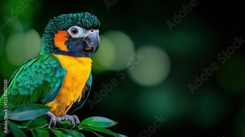  A vibrant bird sat on the tip of a lush green tree limb against a hazy green backdrop