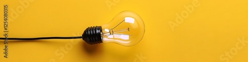 Illuminated light bulb with a cable on a bright yellow background, seen from above in a sleek banner layout. Represents creative thinking and innovation for business and science.