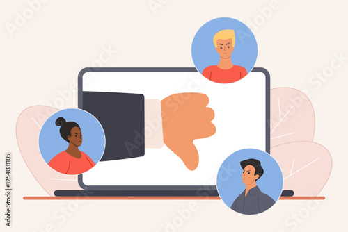 Negative feedback about bad experience from sad customers. Circles avatars of people haters with angry, disappointed expression on faces, thumbs down on laptop screen cartoon vector illustration