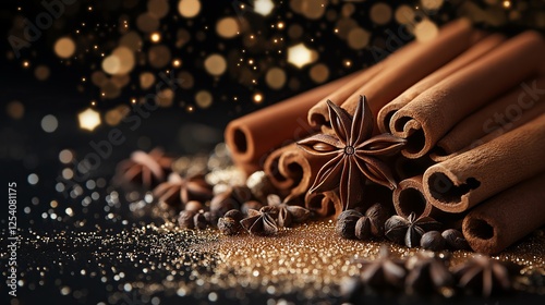 Fototapeta Naklejka Na Ścianę i Meble -  Beautiful collection of spices for making mulled wine with aromatic cinnamon, star anise, and cloves sparkling with festive lights and sparkles on dark background