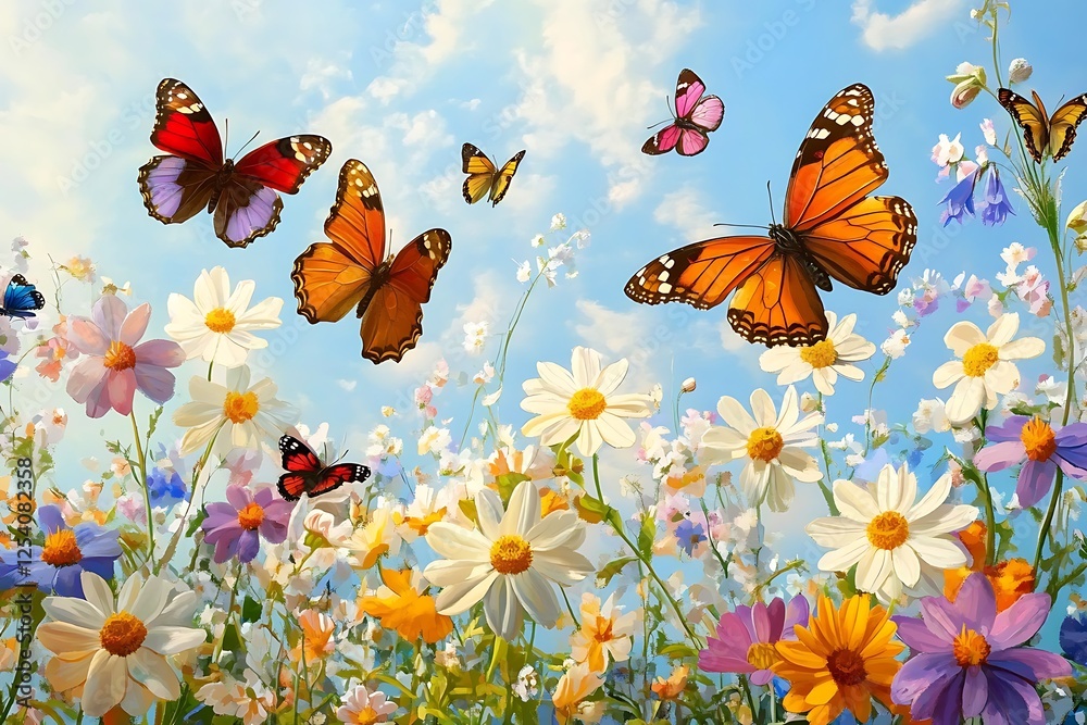 Fototapeta premium Tranquil Spring Equinox garden with butterflies fluttering around new flowers
