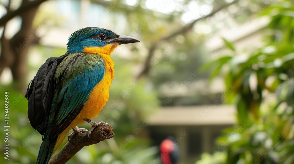 Obraz premium A vibrantly colored bird perches on a branch in a zoo in Taiwan. 