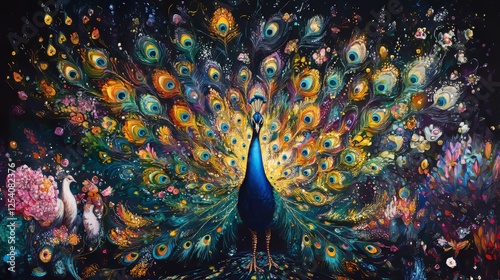 A vibrant display of iridescent colors unfurls as the peacock spreads its magnificent plumage. 