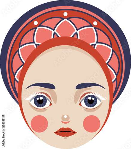Beautiful Doll Face Close Up. Template. Matryoshka Doll with Open Eyes and white lashes. Pretty Eyes, Lush Eyelashes and Red lips. Female face. Color Cartoon style. Vector.