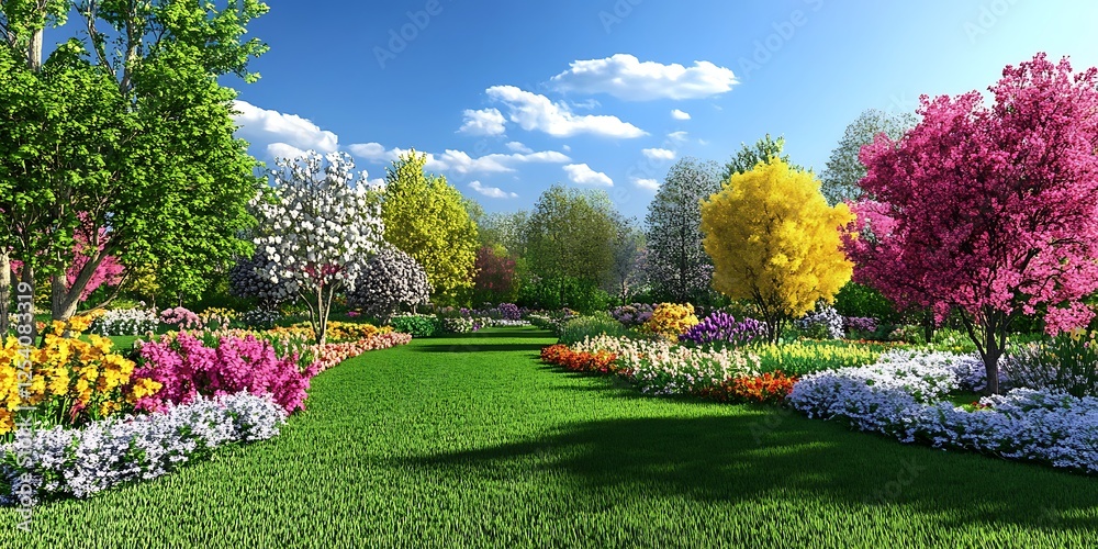 Obraz premium Serene Spring Equinox park with colorful trees and flowers in full bloom