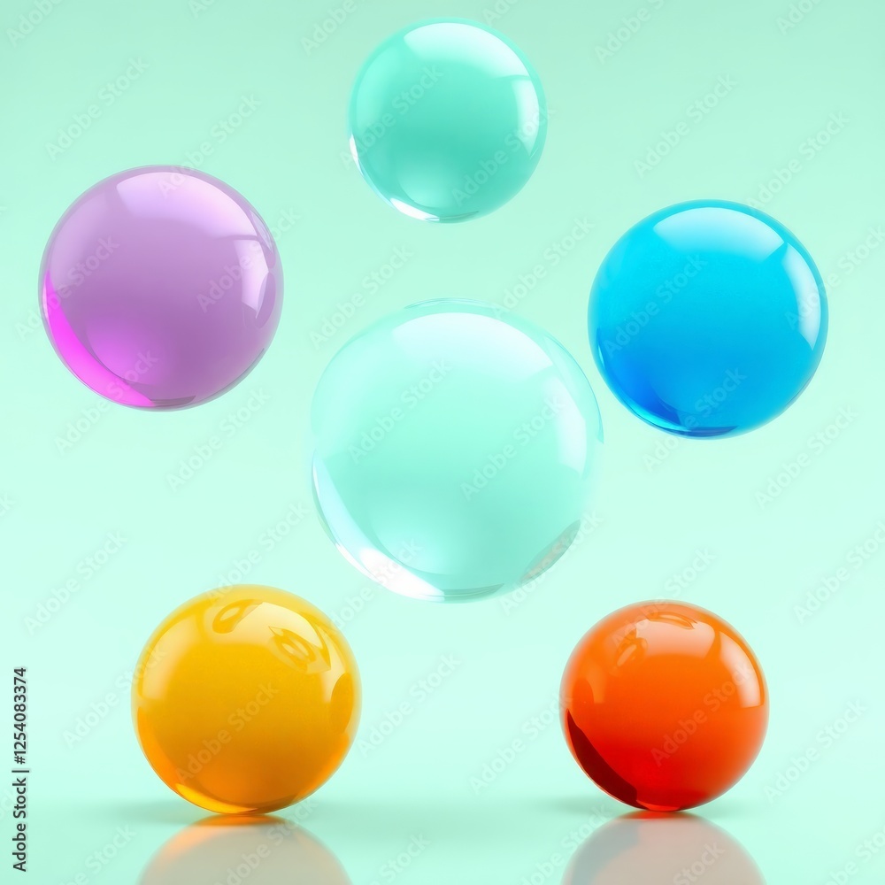 Colorful Glossy Spheres Floating Against Light Green Background with Reflective Surfaces Colorful Glossy Spheres Floating Against Light Green Background with Reflective Surfaces