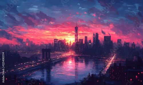 Vibrant city skyline at dusk featuring a prominent bridge and a fiery sunset