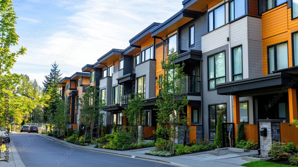 An eco-friendly row of contemporary townhouses in a residential neighborhood with two-story residences and green outside areas An eco-friendly row of contemporary townhouses in a residential neighborhood with two-story residences and green outside areas