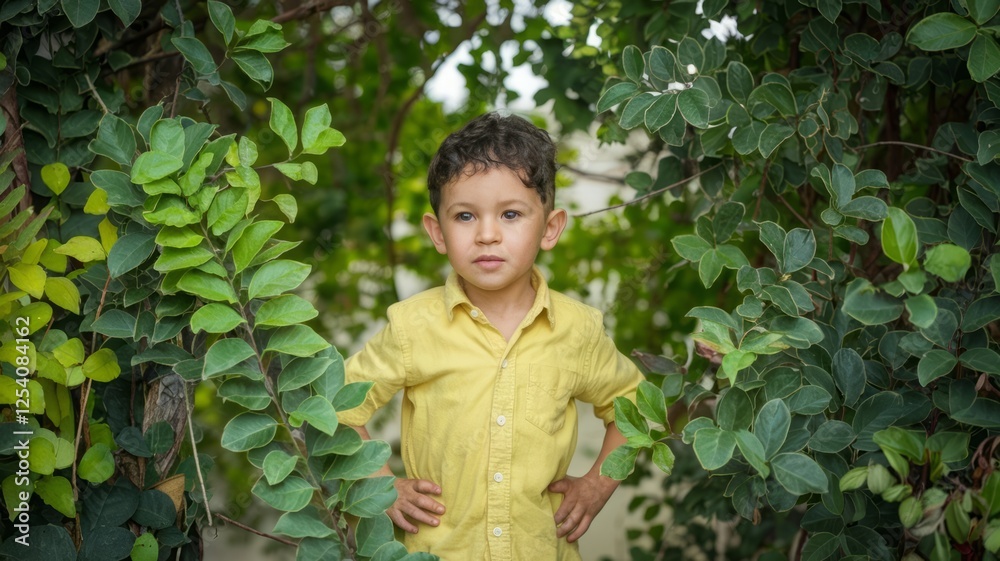 Young boy standing confidently among green leaves Young boy standing confidently among green leaves