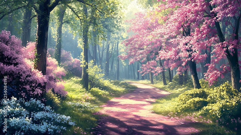 Forest in full bloom with greenery and sunlight casting shadows for Spring Equinox Forest in full bloom with greenery and sunlight casting shadows for Spring Equinox