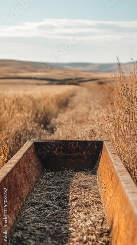 Empty turkey feed trough in a dry field signals feed shortages photo