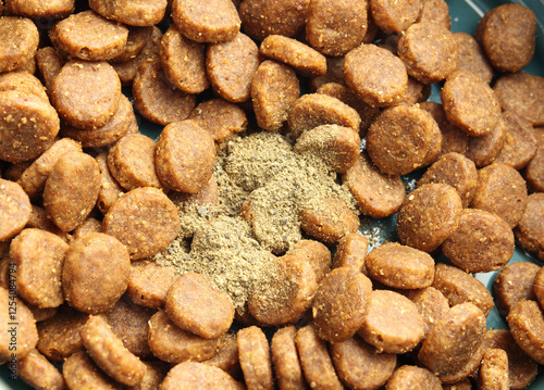 Medication in kibbles or pet food. Green dental powder sprinkled over food for dog. Administer medication, drug treatments, supplements, probiotics or vitamins to animals or pets. Selective focus.