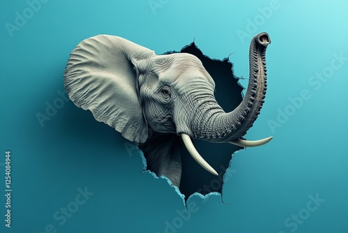 Hyperrealistic art of an elephant jumping out of a hole in the wall, designed for t-shirt prints, posters, and magazine covers in a photorealism style photo