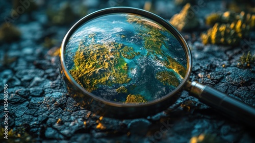 A creative concept image of planet Earth viewed through a magnifying glass, highlighting environmental research, climate awareness, and the need for scientific exploration.