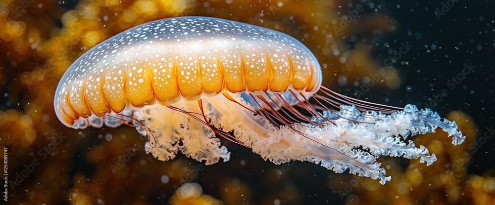 Orange jellyfish swims, ocean background, aquatic life, nature Orange jellyfish swims, ocean background, aquatic life, nature