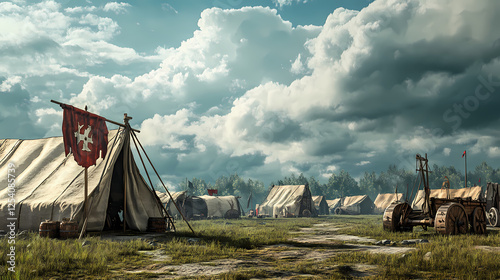 Dramatic clouds overshadowing an ancient camp, meticulously restored from the medieval era. Ancient War Machines. Illustration