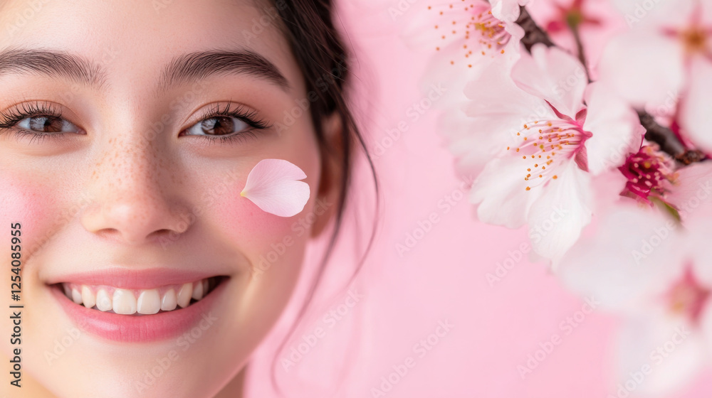 Joyful portrait of a smiling woman with cherry blossoms for spring theme Joyful portrait of a smiling woman with cherry blossoms for spring theme