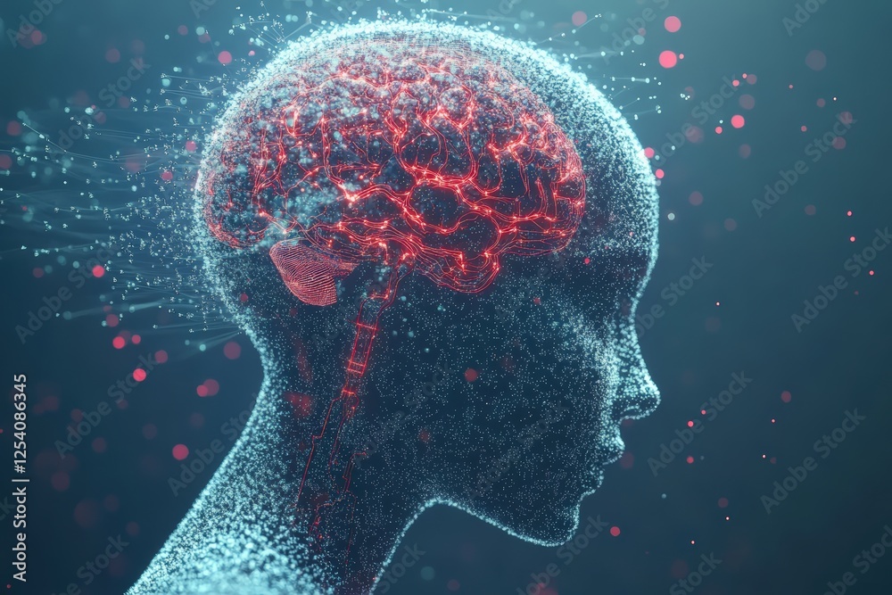 Abstract representation of a human brain within a digital silhouette Abstract representation of a human brain within a digital silhouette