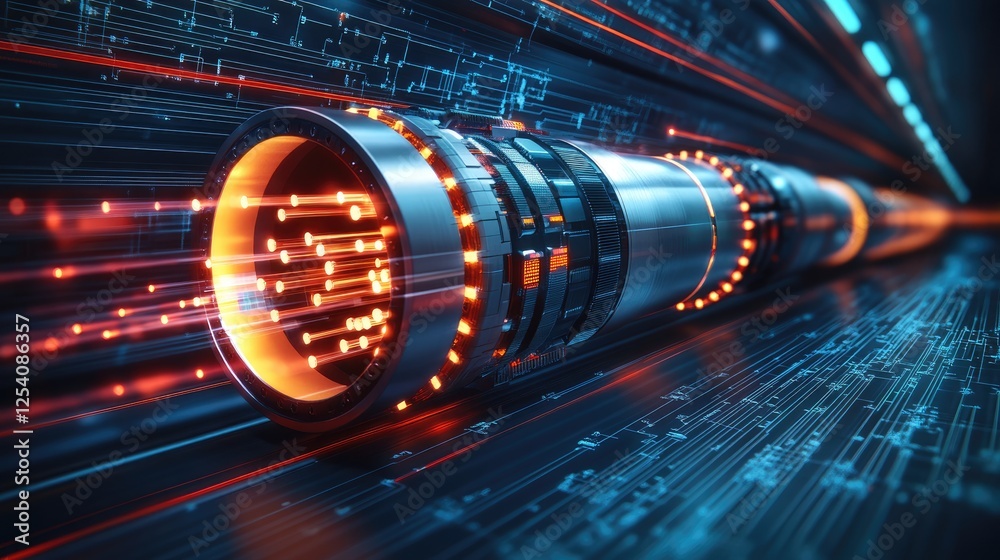 Futuristic cylindrical device emitting light and data streams. Futuristic cylindrical device emitting light and data streams.