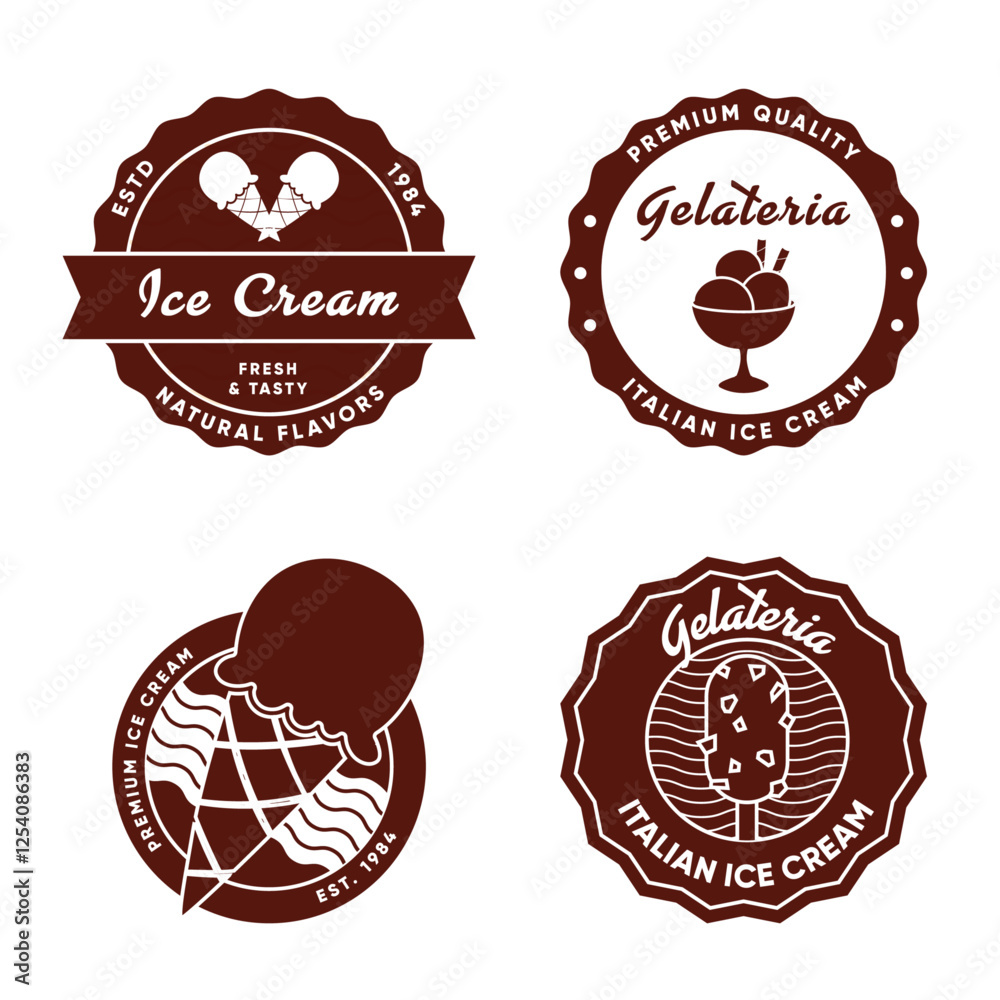 Set of vintage ice cream shop logo badges and labels, gelateria signs. Retro logotypes for cafeteria or bar