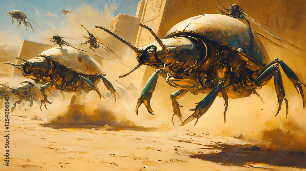 Obraz premium Mech war in ancient egypt: robot beetles, desert combat, sci-fi scene. Ancient War Machines. Illustration
