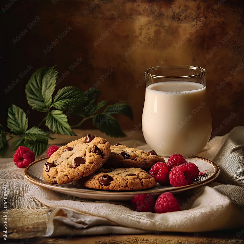 Plate of Chocolate Chip Cookies with Fresh Raspberries and Glass of Milk in Cozy Setting Plate of Chocolate Chip Cookies with Fresh Raspberries and Glass of Milk in Cozy Setting