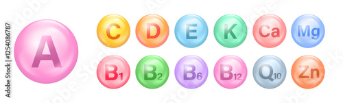 Essential vitamin complex icons. Multivitamin supplement. Vitamin A, B group B1, B2, B6, B12, C, D, D3, E, K, Mg, Ca. Healthy life concept. JPG image photo