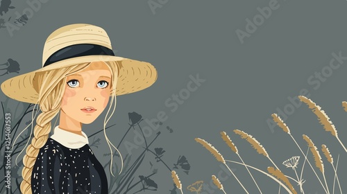 Amish Blonde Girl Illustration with Cheerful Expression
