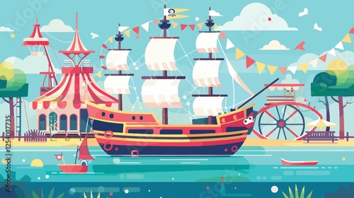 Pirate Ship Flat Design for Amusement Park and Carnival