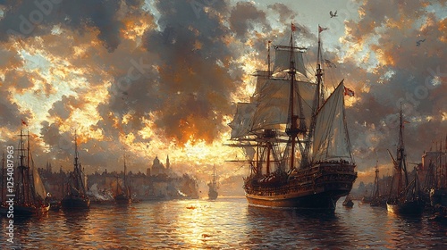 Wallpaper Mural Early American merchant ship bringing back tobacco cotton from the colonies docked in a European port with merchants eagerly awaiting trade goods Torontodigital.ca