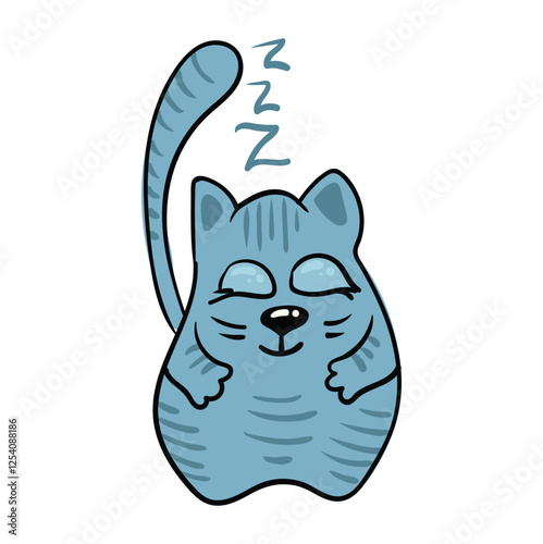 Sleepy, tired cat with closed eyes. Cute fluffy animal sleeping. Vector illustration on white background for lettering, t-shirt, sticker, label.