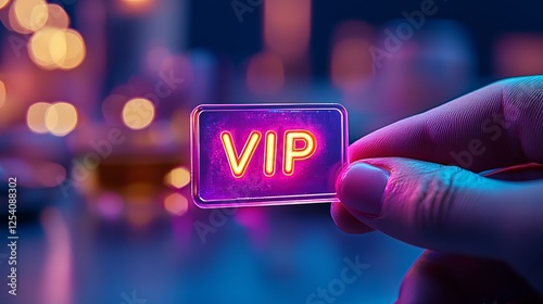 A hand holds a glowing VIP sign, embodying luxury and exclusivity amid a blurred, vibrant backdrop. photo