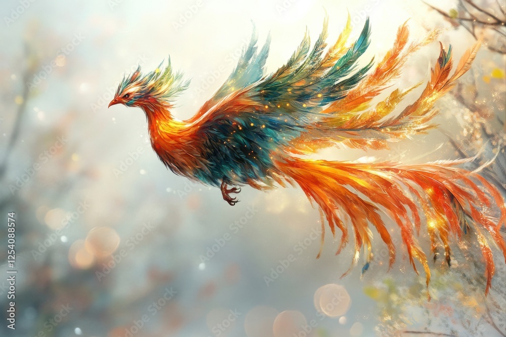 Fototapeta premium Phoenix rising in an enchanted forest aerial fantasy digital art transformation