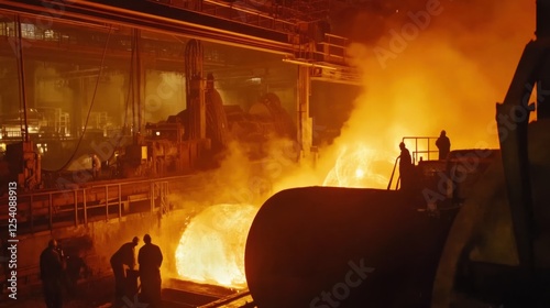 An expansive view of workers in a steel manufacturing plant, operating blast furnaces and pouring molten steel, Steel manufacturing scene