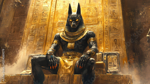 A cybernetic anubis in a golden pyramid, surrounded by a blend of ancient egyptian artifacts and advanced technological devices. Ancient War Machines. Illustration