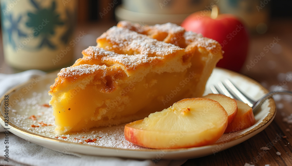 Slice of apple pie dusted with powdered sugar on plate with fresh apple slices Slice of apple pie dusted with powdered sugar on plate with fresh apple slices