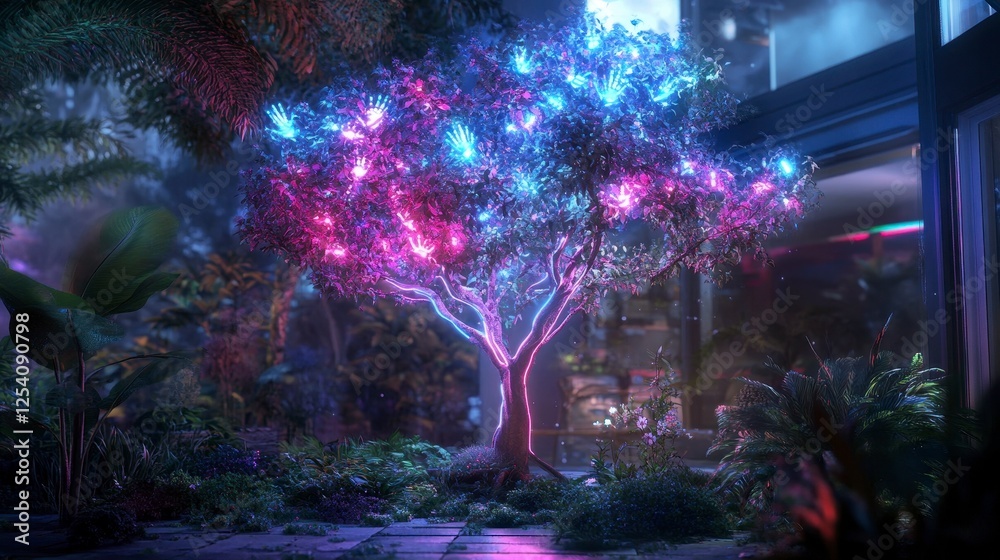 Neon Hand Tree, a mystical tree with luminescent leaves resembling hands, radiating a soft glow in a darkened environment, enchanting and surreal Neon Hand Tree, a mystical tree with luminescent leaves resembling hands, radiating a soft glow in a darkened environment, enchanting and surreal