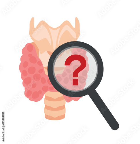 Human thyroid with question mark isolated on white background. Thyroid, magnifying glass, red question mark on it. Causes of thyroid diseases. Research and diagnosis of thyroid gland disease, concept.