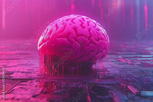 A futuristic digital artwork featuring a glowing brain with colorful circuitry, presenting a dynamic and imaginative design, exudes a technological atmosphere