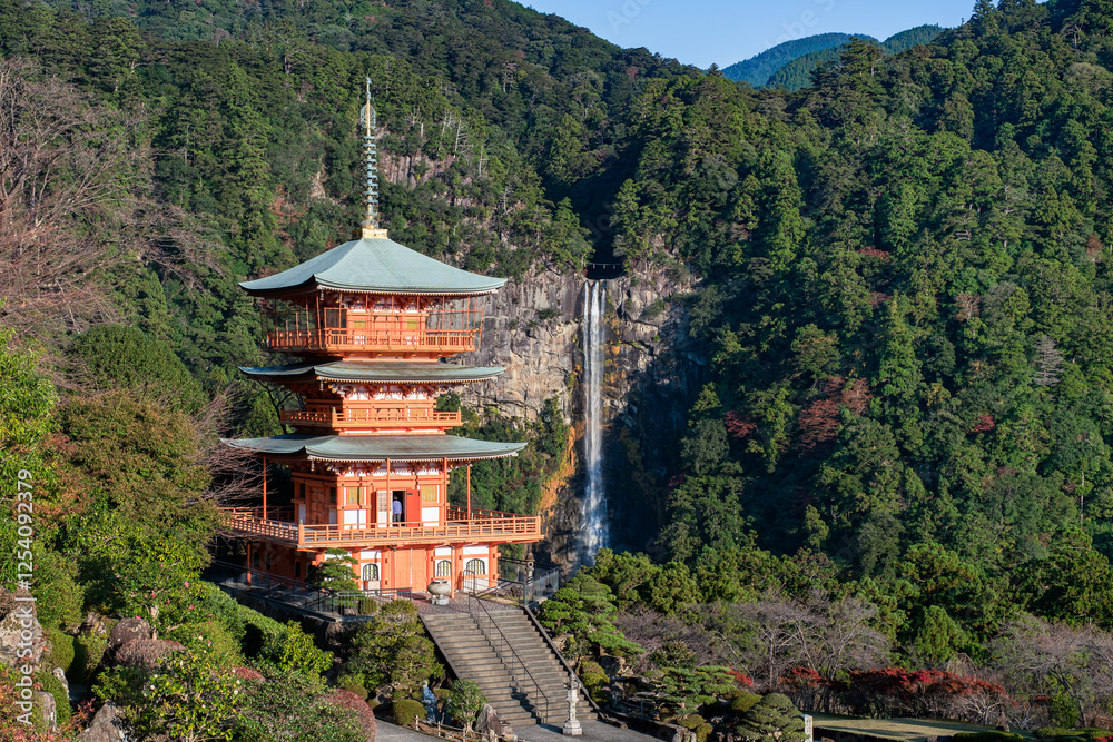 Three-storied pagoda with Nachi Falls in the background, Wakayama Prefecture, Japan